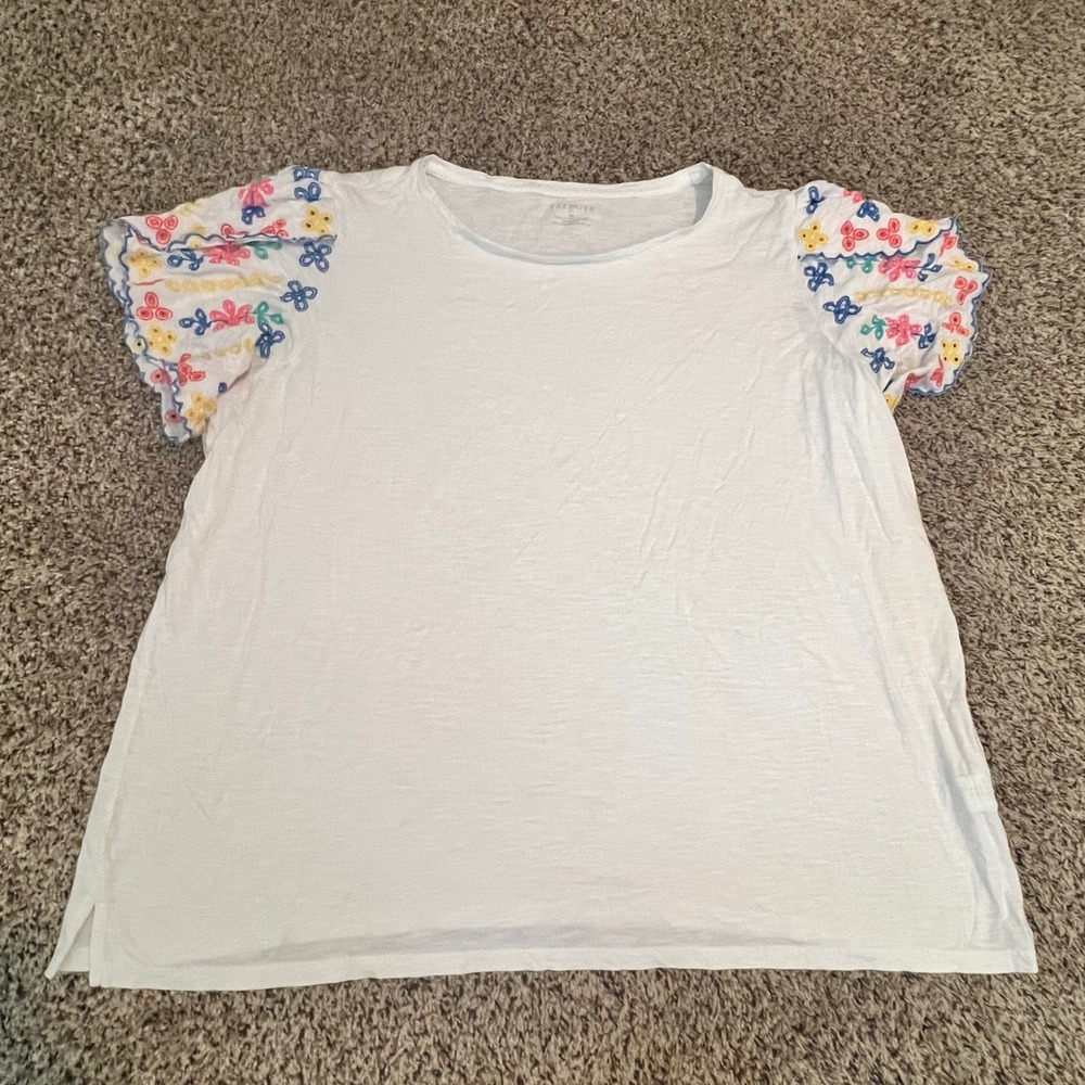 Talbots Plus Womens 3X White Cotton Modal Embroidered Eyelet Flutter Sleeve Tee‎